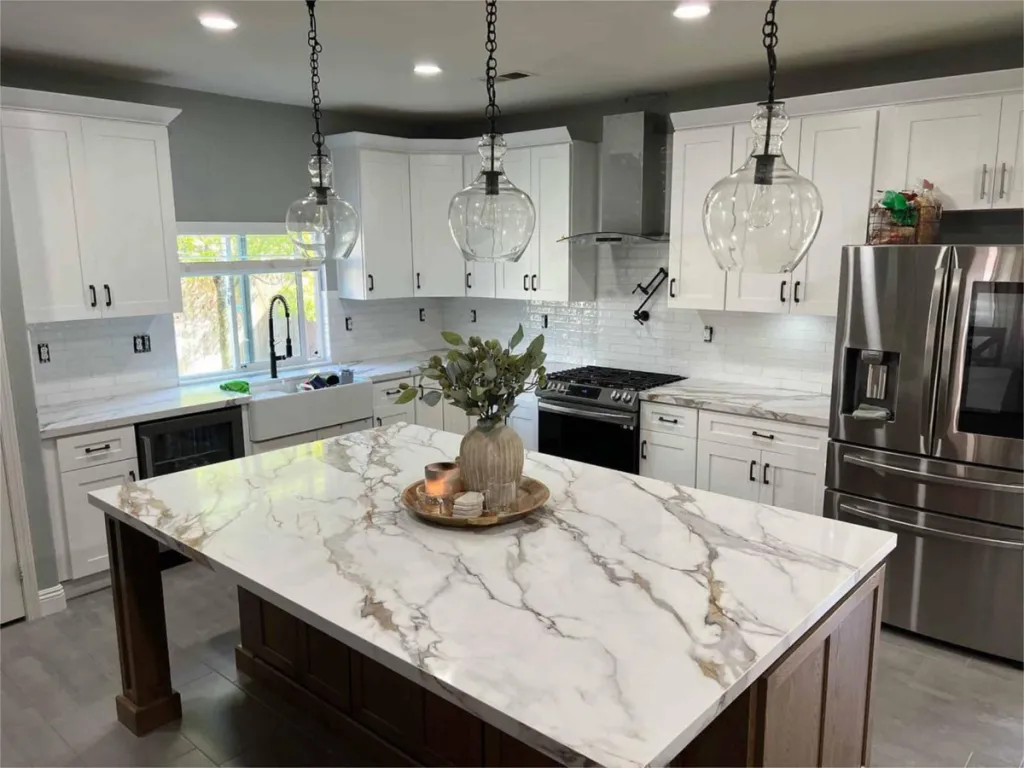 Quartz island countertop in a bright modern kitchen